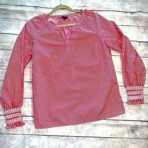 TALBOTS Pink & White Stripe V Neck Shirt Embroidered Sleeves Size Small